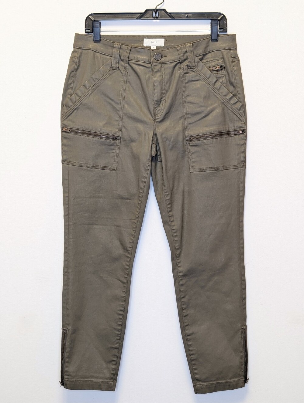 Joie Coated Cargo Skinny Pants Size 30 Olive Green Utility Ankle Zip